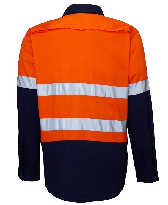 The Ritemate Hi Vis Vented Open Front Light Weight Long Sleeve 3M Tape Shirt is crafted from premium quality cotton and features a high-visibility design with a bright orange upper section, black lower section, and two horizontal reflective silver stripes across the chest and back. This comfortable shirt ensures both safety and style with its double pre-shrunk fabric.