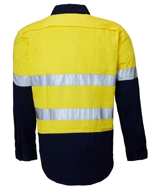 The Ritemate Hi Vis Vented Open Front Lightweight Long Sleeve 3M Tape Shirt combines comfort and safety with premium quality cotton. Featuring a yellow upper half and dark blue lower half, this shirt's double pre-shrunk fabric ensures durability. It includes two horizontal reflective stripes around the chest and back to enhance safety in low-light conditions. Displayed from the back.