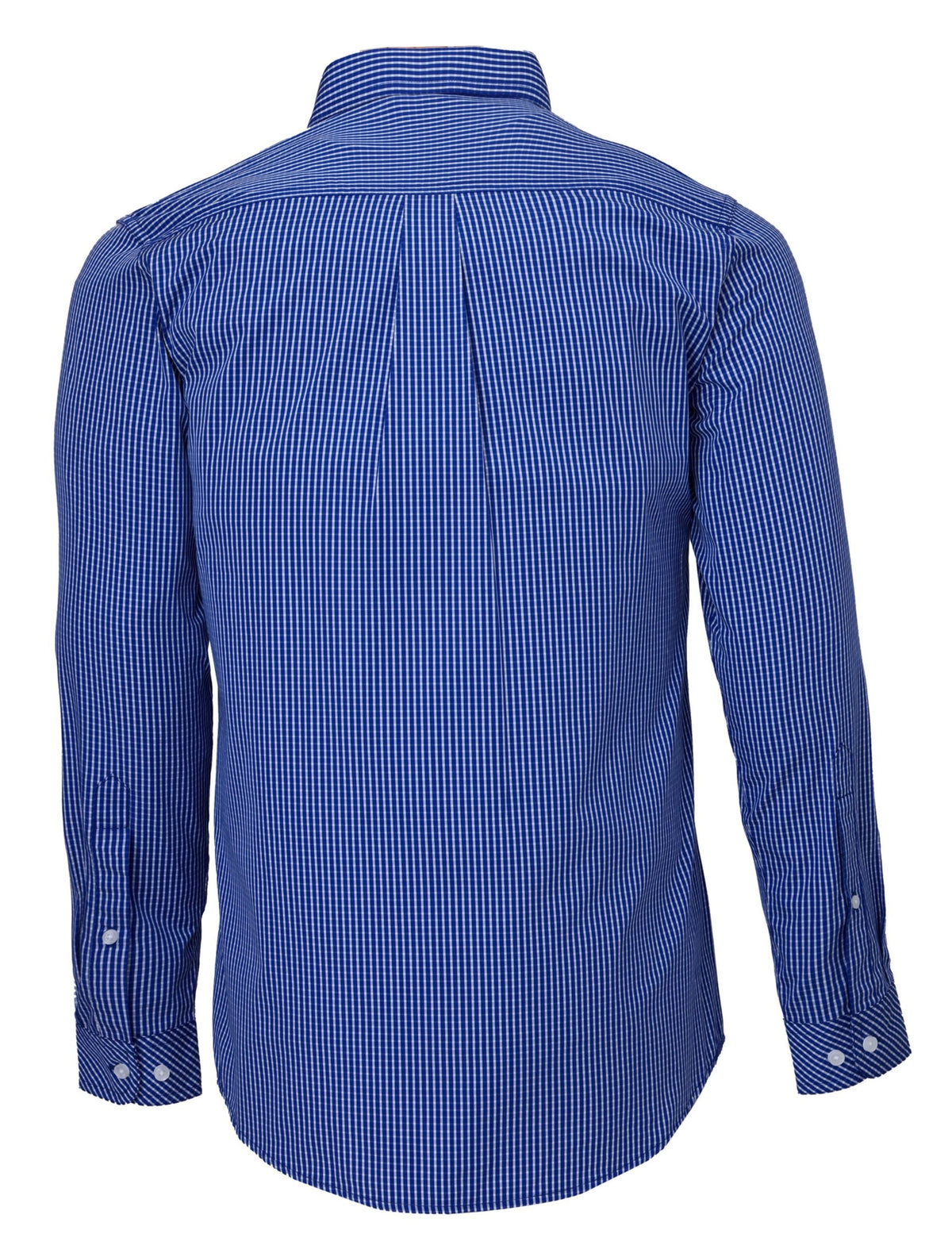 The image displays the back view of the long-sleeve, cotton Ritemate Pilbara Check Double Pocket Shirt, featuring a blue and white small checkered pattern. This shirt includes a classic collar and buttoned cuffs, embodying an enduring style suitable for Australian working conditions.