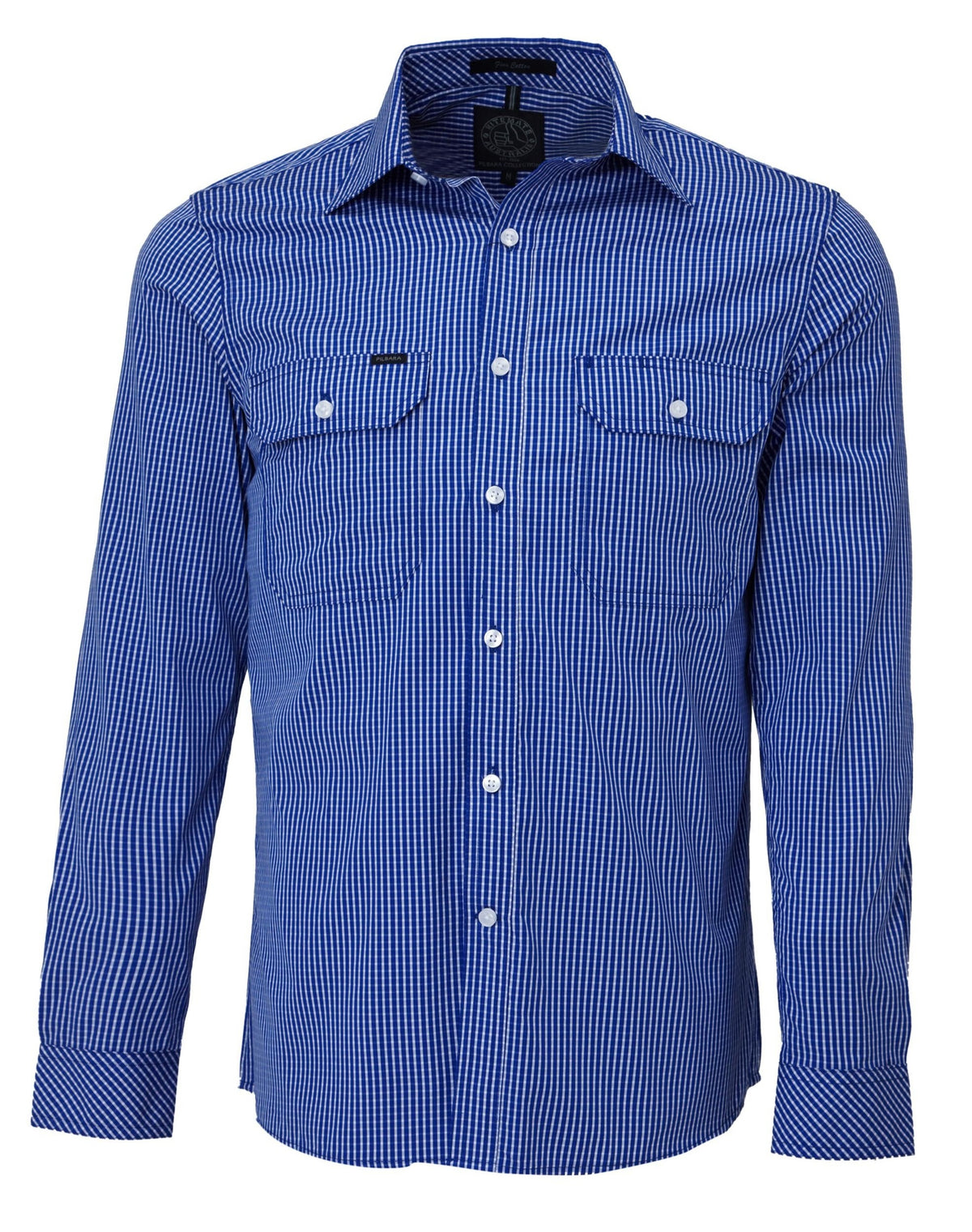 The Ritemate Pilbara Check Double Pocket Shirt is a blue and white checkered cotton long-sleeve button-down work shirt with two front pockets. It features a classic collar and white buttons, offering the durability needed for Australian working conditions. Presented neatly on a mannequin or display, this shirt is designed to withstand tough environments.