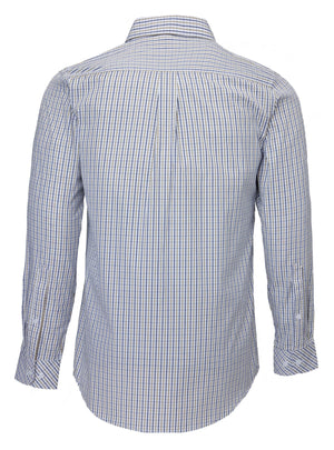 The Pilbara Check Double Pocket Shirt is a back-viewed, cotton-finished button-up work shirt featuring long sleeves with buttoned cuffs, a collar, and a blue and white checkered pattern, designed for Australian working conditions.