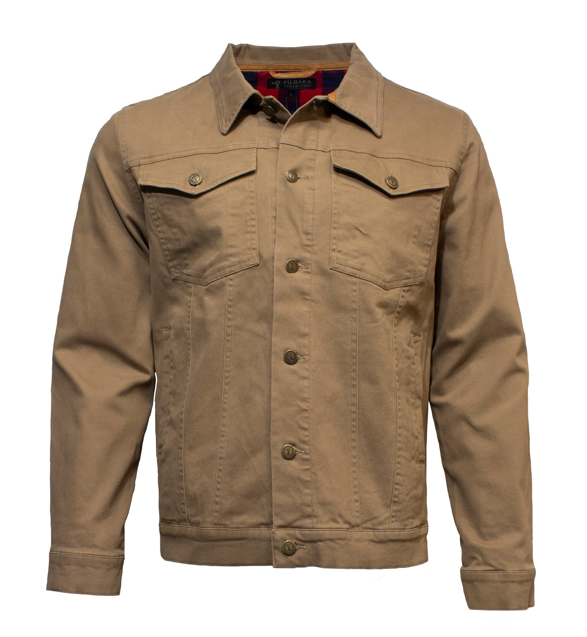 The Ritemate Pilbara Cotton Canvas Jacket is a khaki-colored, long-sleeved canvas jacket with a button-front closure. It features two chest pockets with buttoned flaps and a collar. The interior boasts a contrasting red plaid lining, providing a classic fit perfect for casual wear. This jacket is ideal for anyone seeking timeless style by Ritemate.