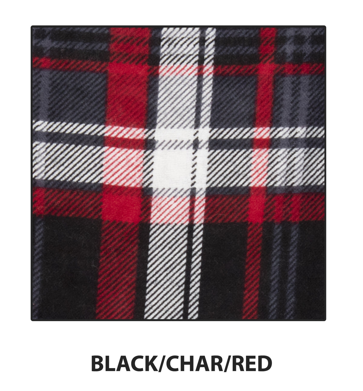 A pre-shrunk cotton plaid swatch with black, charcoal, red, and white stripes reflects the classic design of a Ritemate Kids Pilbara Closed Front Flannelette Shirt. Labeled: "BLACK/CHAR/RED".