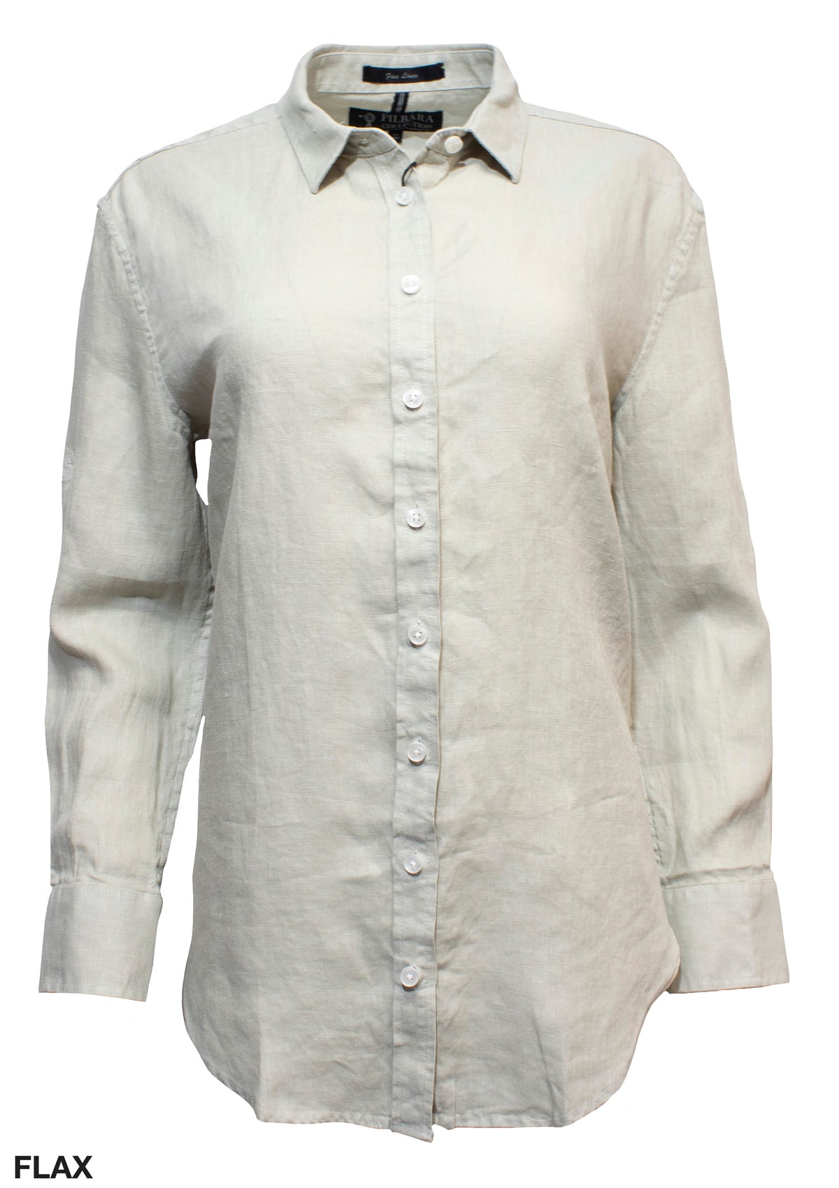 The Ritemate Pilbara Ladies Linen Shirt is a beige, long-sleeve, button-up linen shirt featuring a classic collar. Crafted from lightweight and slightly textured 100% linen fabric, this tailored fit garment includes visible buttons down the front and additional buttons on the cuffs. The text "FLAX" is displayed in the bottom left corner.