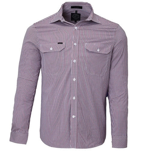 The Ritemate Pilbara Check Double Pocket Shirt is a long-sleeved men’s dress shirt in shades of white and red, featuring a button-up front, two front chest pockets with button closures, and a classic collar. Crafted from 100% cotton for comfort, this hard-wearing work shirt boasts a modern fit and slightly curved hemline.