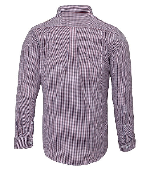 Back view of the Ritemate Pilbara Check Double Pocket Shirt, a long-sleeved, button-up shirt with a checkered pattern in shades of red, white, and blue. Made from 100% cotton, this durable work shirt features white buttons on the cuffs and a straight hemline. Crafted under strict Australian working conditions for durability and comfort.