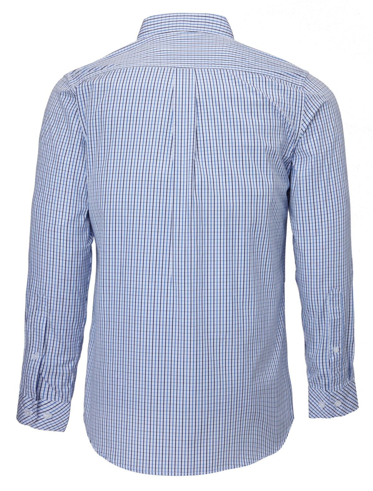 A long-sleeved work shirt, the Ritemate Pilbara Check Double Pocket Shirt, showcasing a light blue and white checkered pattern is shown from the back. Designed for Australian conditions, it features a classic collar, sleeve cuffs, and a durable cotton finish.