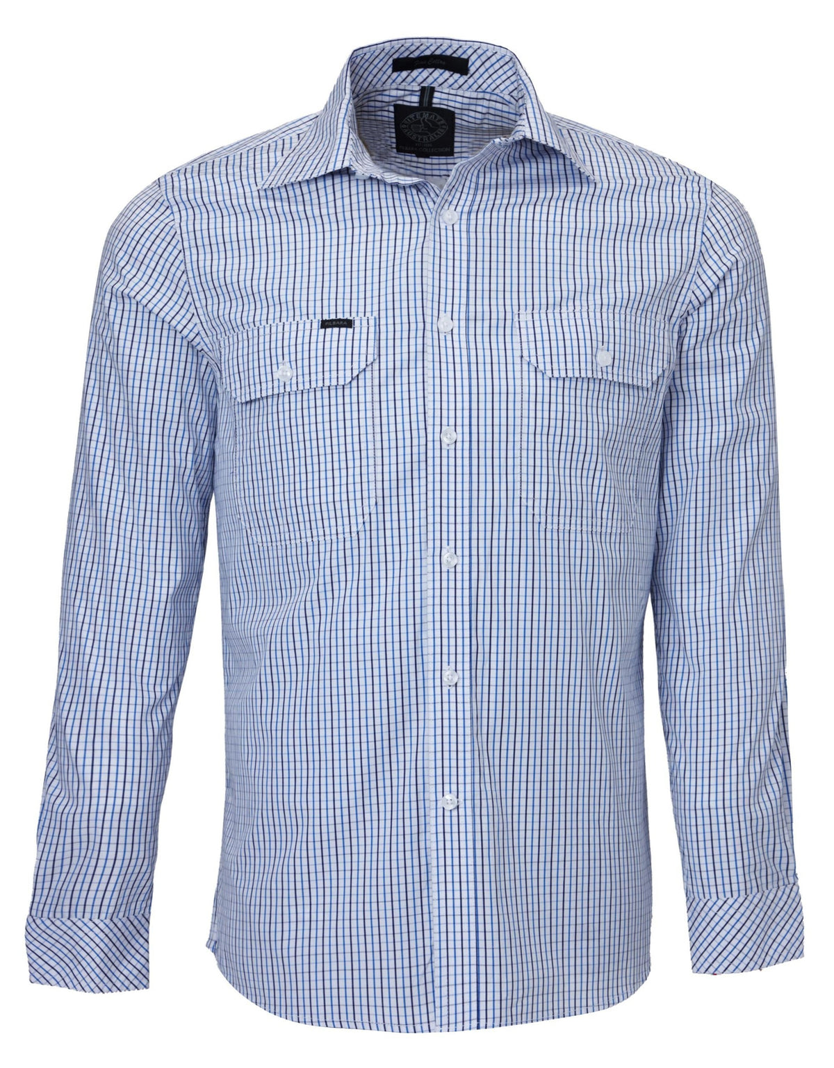 The Ritemate Pilbara Check Double Pocket Shirt is a men's long-sleeve button-up work shirt with a classic checkered pattern in blue and white. Designed for Australian conditions, the shirt features a traditional collar, two chest pockets with button flaps, and button cuffs, all finished in durable cotton.
