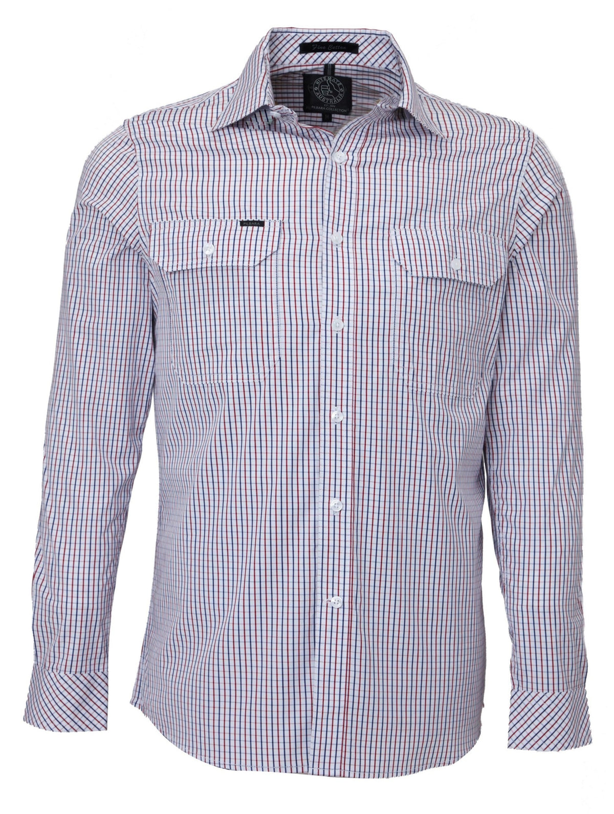 The Ritemate Pilbara Check Double Pocket Shirt is a button-up, long-sleeved work shirt featuring a checkered pattern in red, white, and blue. Made from 100% cotton, this shirt includes two chest pockets with button closures and a collar. Its lightweight fabric makes it ideal for Australian working conditions or casual semi-formal wear.