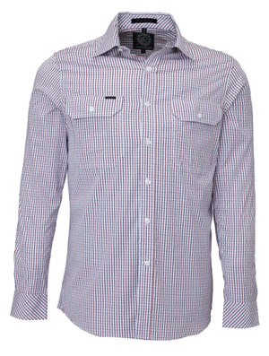 The Ritemate Pilbara Check Double Pocket Shirt is a button-up, long-sleeved work shirt featuring a checkered pattern in red, white, and blue. Made from 100% cotton, this shirt includes two chest pockets with button closures and a collar. Its lightweight fabric makes it ideal for Australian working conditions or casual semi-formal wear.