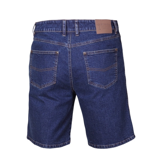 The Ritemate Cotton Stretch Denim Short is displayed from the back, showcasing two back pockets with visible stitching. These comfortable mid-length shorts include belt loops and a leather patch on the waistband with text. Crafted from durable denim fabric, they have a slightly faded appearance.
