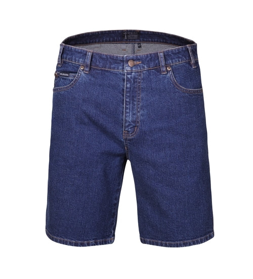 The Ritemate Cotton Stretch Denim Short, showcased against a plain white backdrop, is a durable pair of blue denim shorts. These comfortable shorts feature five pockets, including a small coin pocket on the right side, and are secured with a button and zipper. The denim boasts a standard mid-blue wash with prominent stitching details.