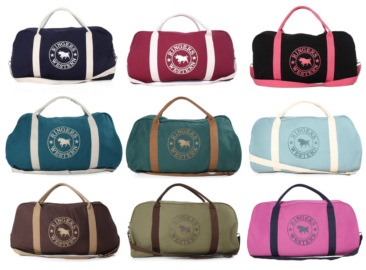 A grid of nine Ringers Western Gundagai Duffle bags in a variety of colors, all featuring the "Finger Lakes" logo with a horse in the center. The bags are available in dark blue, maroon, black, turquoise, teal, light blue, brown, green, and bright pink with contrasting straps and accents.