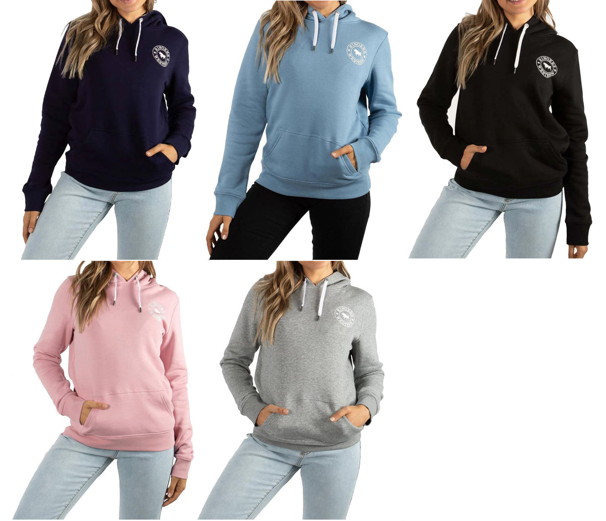 A woman models the Ringers Western Womens Signature Bull Hoodie in five different colors: dark blue, light blue, black, pink, and gray. Each cotton hoodie features a white drawstring and a circular logo on the chest. She pairs these hoodies with light blue jeans in all images.