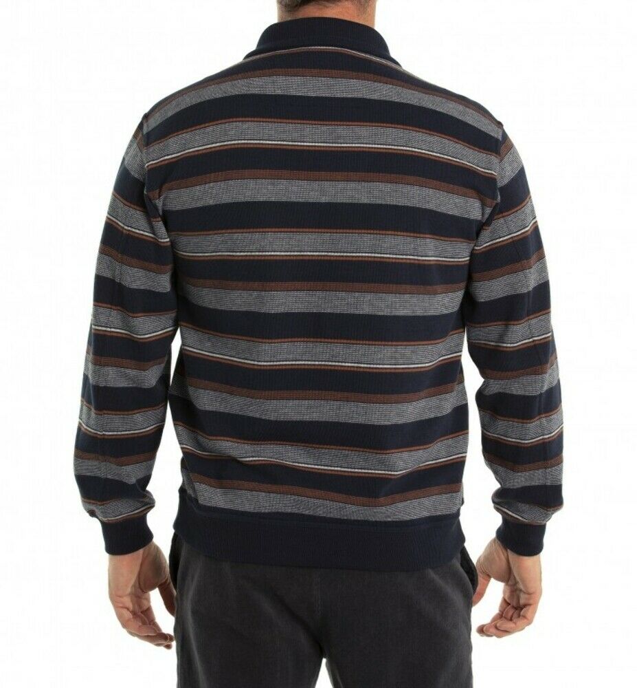A person facing away from the camera is wearing the Breakaway Jordan French Rib Half Zip, a versatile jumper featuring navy blue, gray, and brown horizontal stripes with a half zip placket. They are also wearing dark pants against a plain white background.