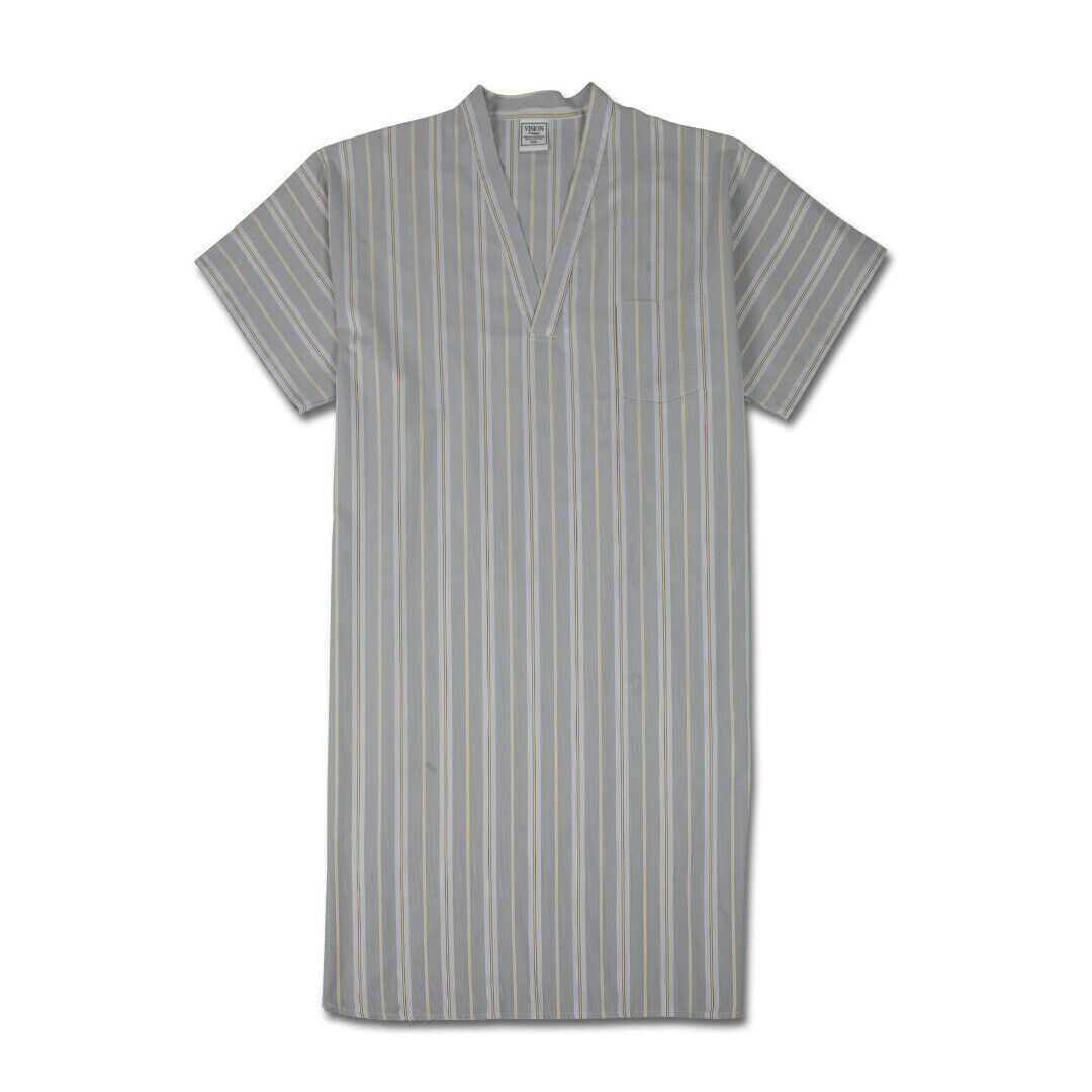 The Koala Vision Cotton Summer Nightshirt features a grey and white vertical striped design, short sleeves, and a V-neck. Crafted from 100% cotton with a single chest pocket on the left side, its lightweight and breathable fabric make it an ideal Comfortable Night Shirt for casual or indoor wear.