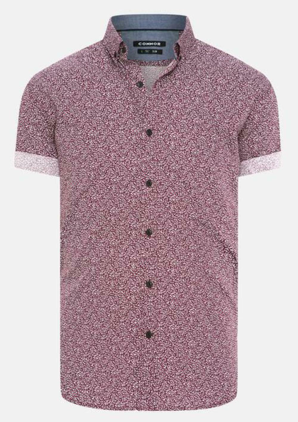 The Connor Tate Print Shirt is a slim fit, short-sleeved button-up in grape with a small pink and white floral pattern, black buttons, and a button-down collar. The label reads "CONDOR.
