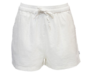 The Silent Theory Sabine Short features white drawstring shorts with an elastic waistband, offering a relaxed fit and soft fabric texture. Perfect for everyday wear, these stylish shorts boast a simple, casual design.