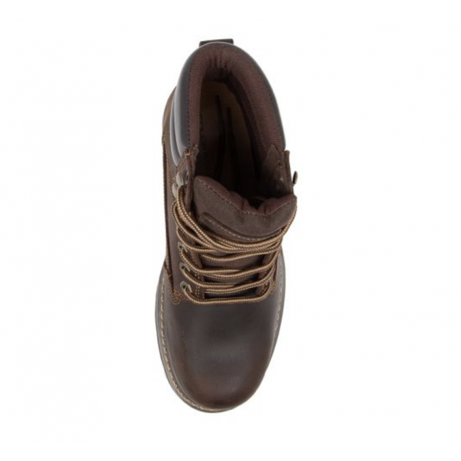 Top view of the Colorado Altitude Boot, showcasing its brown leather exterior paired with beige laces, a padded collar, and detailed stitching on the sole. The high-traction sole enhances its robust design, making it ideal for outdoor or heavy-duty use.