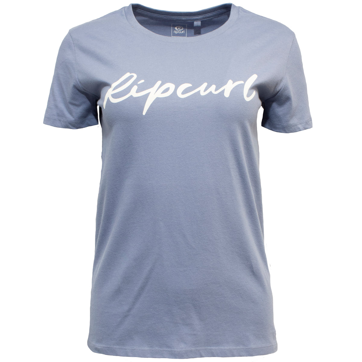 The Rip Curl Script Standard Tee is a light blue crew neck T-shirt with short sleeves and "Ripcurl" in white cursive across the chest—ideal for a laid-back, casual style.