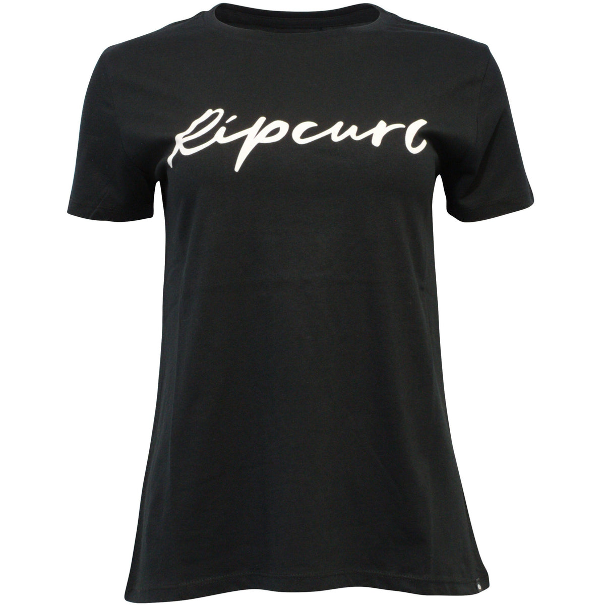 The Rip Curl Script Standard Tee is a black crew neck T-shirt with short sleeves and "Ripcurl" in white cursive on the chest—ideal for a casual style.