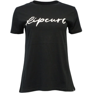 The Rip Curl Script Standard Tee is a black crew neck T-shirt with short sleeves and "Ripcurl" in white cursive on the chest—ideal for a casual style.