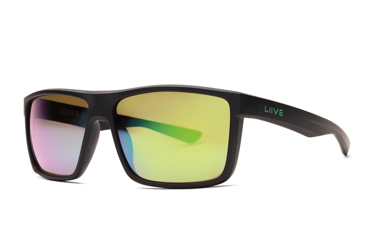 The Liive X Shadow X Mirror Polar Sunglasses feature a sleek, lightweight black frame with reflective, impact-resistant lenses that display a yellow-pink gradient. The temple displays the "LIIVE" brand name in small green text.