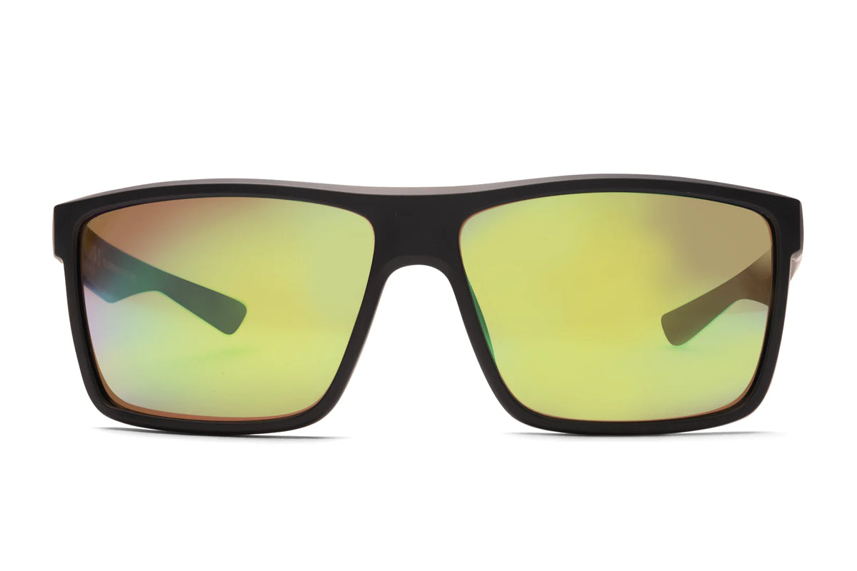 Liive X Shadow X Polar Sunglasses feature a black rectangular nylon frame with wide fronts, yellowish reflective lenses, and UV protection. Shown from the front on a white background.
