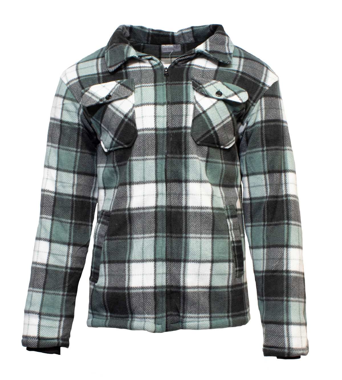 The Pilgrim Sherpa Zip Jacket is a green, black, and white plaid casual jacket with a zip front, two buttoned chest pockets, long sleeves, a collar, and cozy polyester fabric for cool weather.