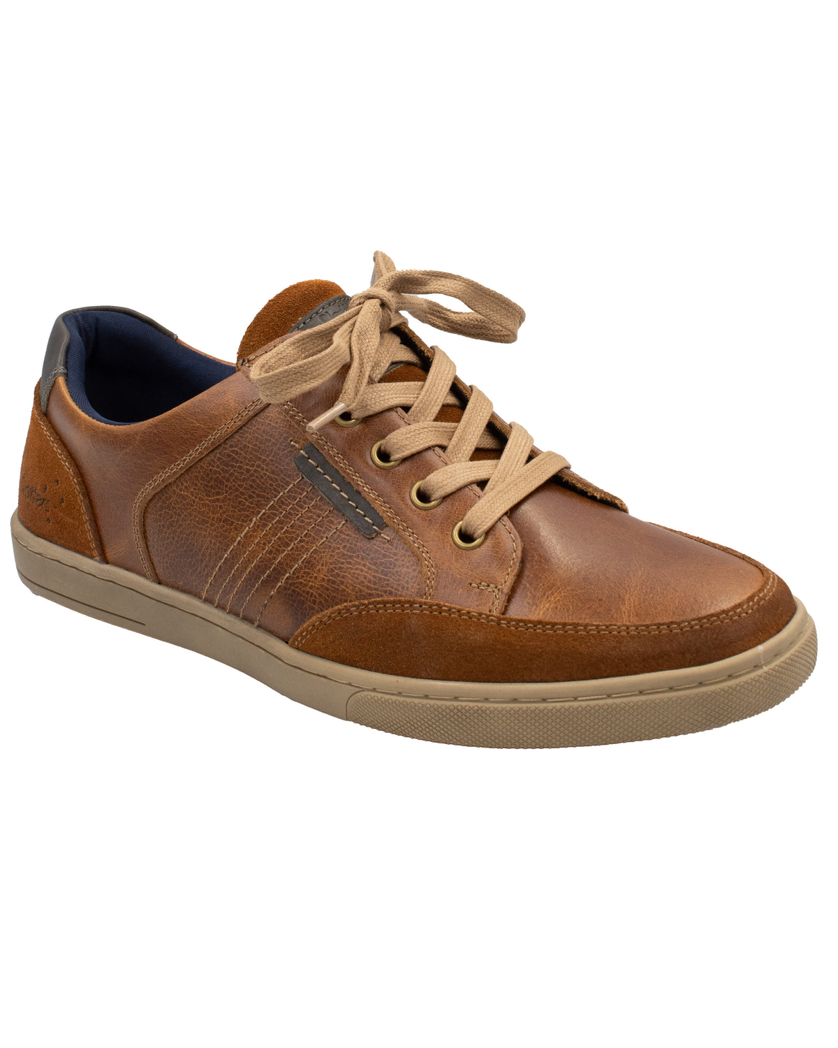 The Slatters Bristol is a brown leather casual sneaker with tan laces, a beige sole, decorative stitching, a padded footbed for comfort, and a dark accent on the back.
