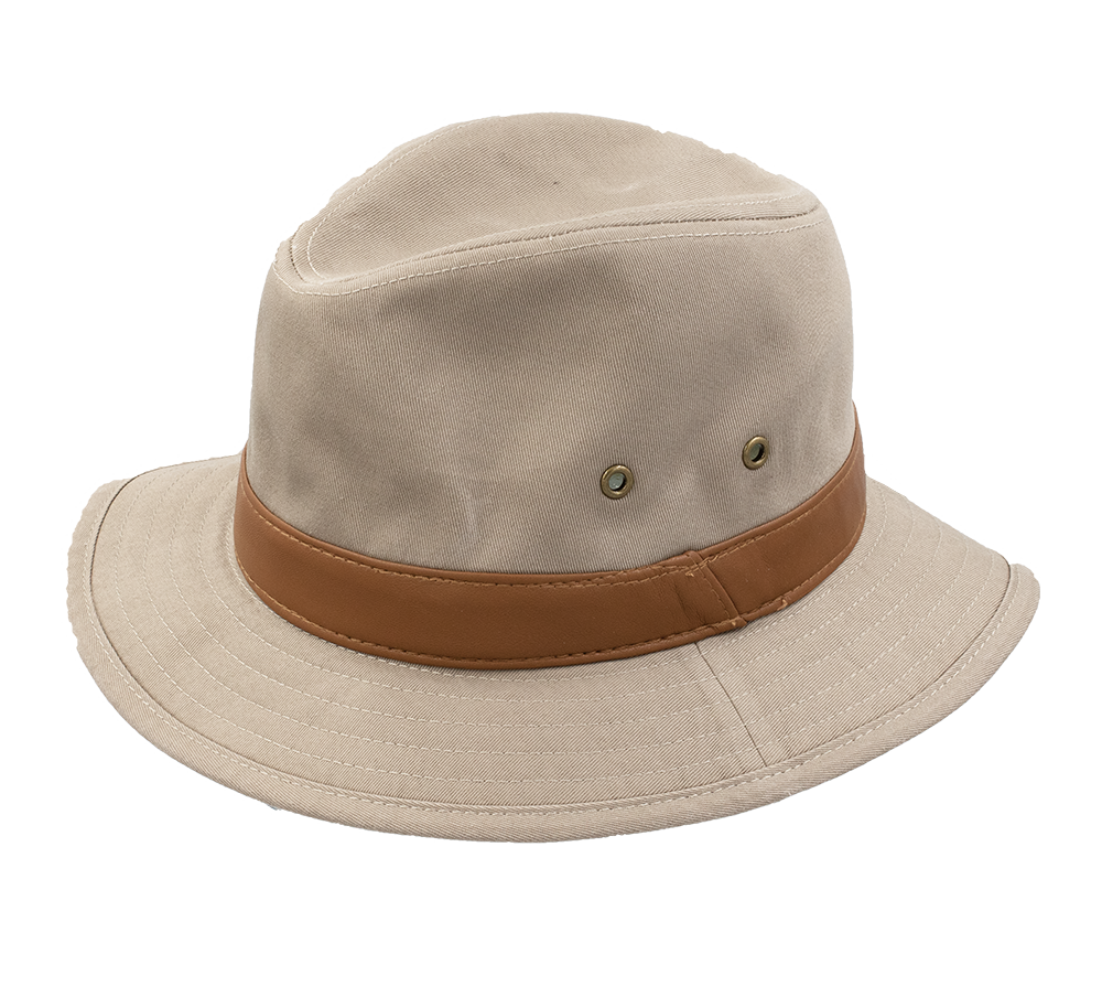 The Dot & Co Washed Cotton Safari is a beige safari hat with a wide brim and brown leather band. It offers UPF 50+ protection, featuring two ventilation eyelets on each side. Its clean, classic design makes it perfect for outdoor activities.
