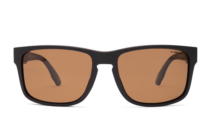 A pair of stylish black Liive Split Polar Sunglasses with rectangular polycarbonate frames and brown-tinted lenses. The brand name "Liive" is subtly printed on the upper corner of the left lens. The design features broad temples for a bold look and offers UV protection.