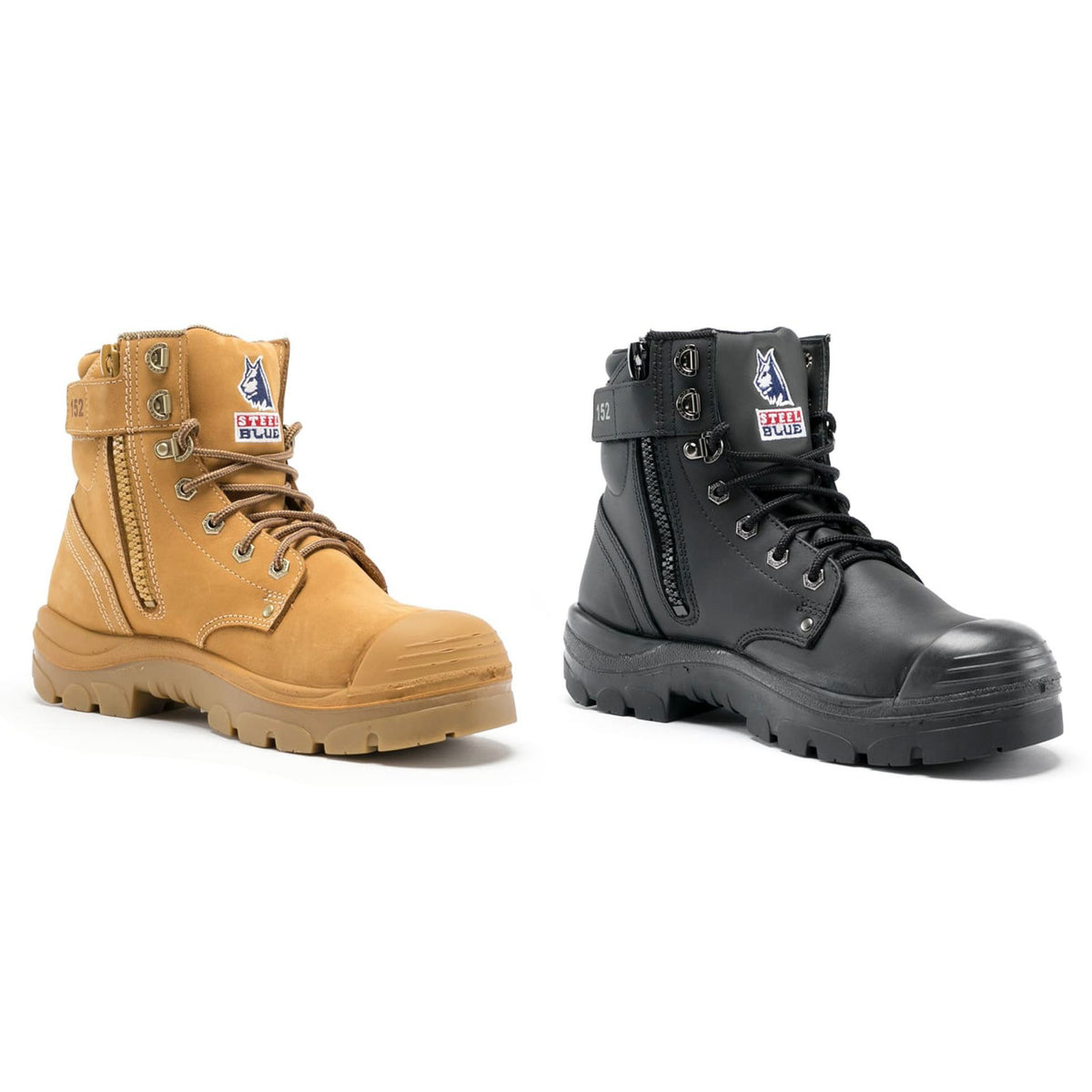 The Steel Blue Argyle Zip Boot Bump Cap is shown in tan with a beige sole and black with a black sole, both featuring laces, side zipper, reinforced safety steel toe, and logo patch—perfect for construction work.