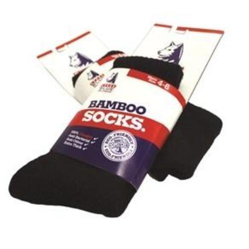 Steel Blue Bamboo Socks package with a red, white, and blue label featuring a wolf logo states "Bamboo Socks," highlighting eco-friendly, anti-bacterial properties and foot odor reduction.