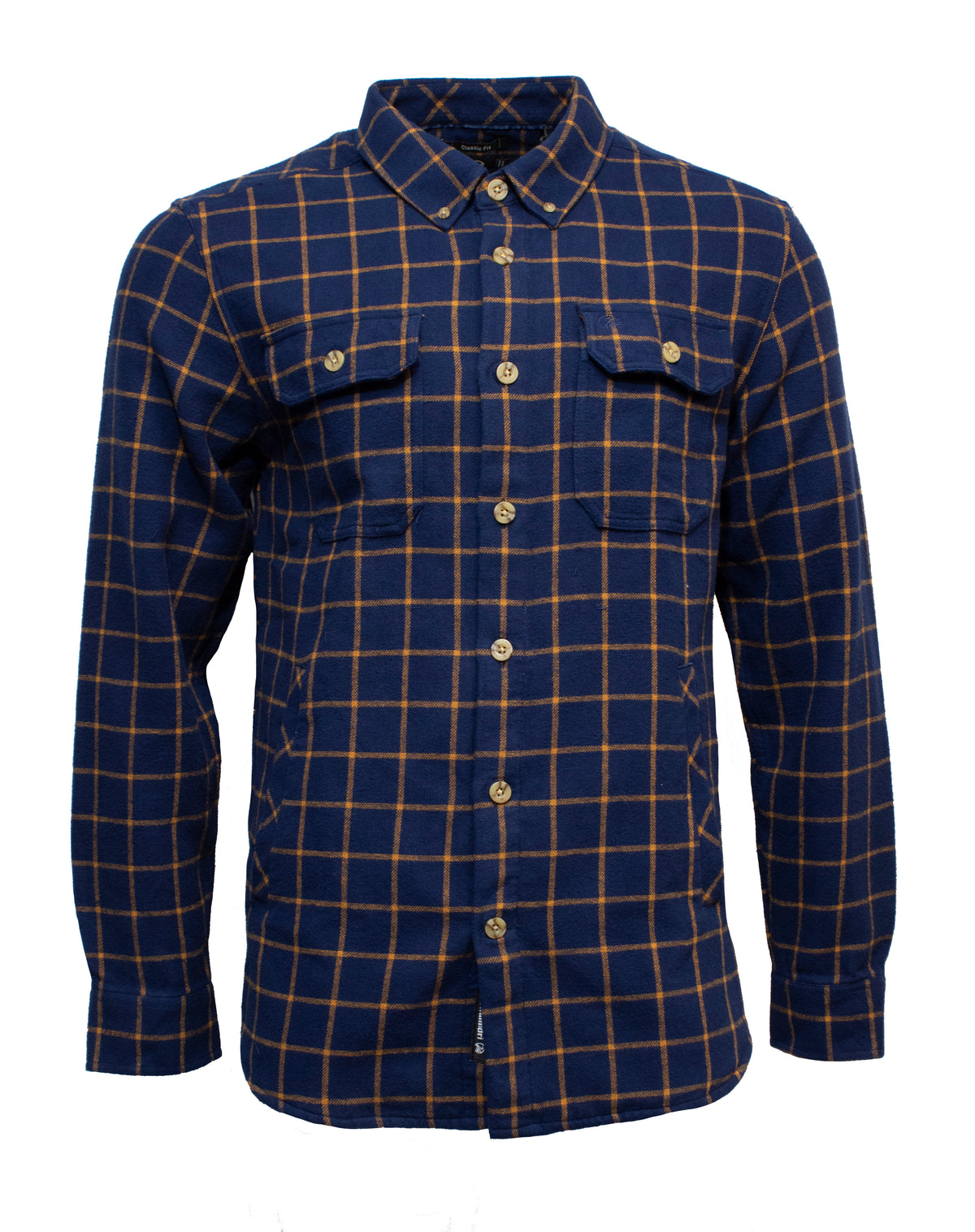 The Swanndri Emerson St Shirt, a winter long-sleeve button-down, features a blue and brown checkered pattern. Made from 100% cotton, it includes two chest pockets with button closures and a collar, ensuring both style and comfort.
