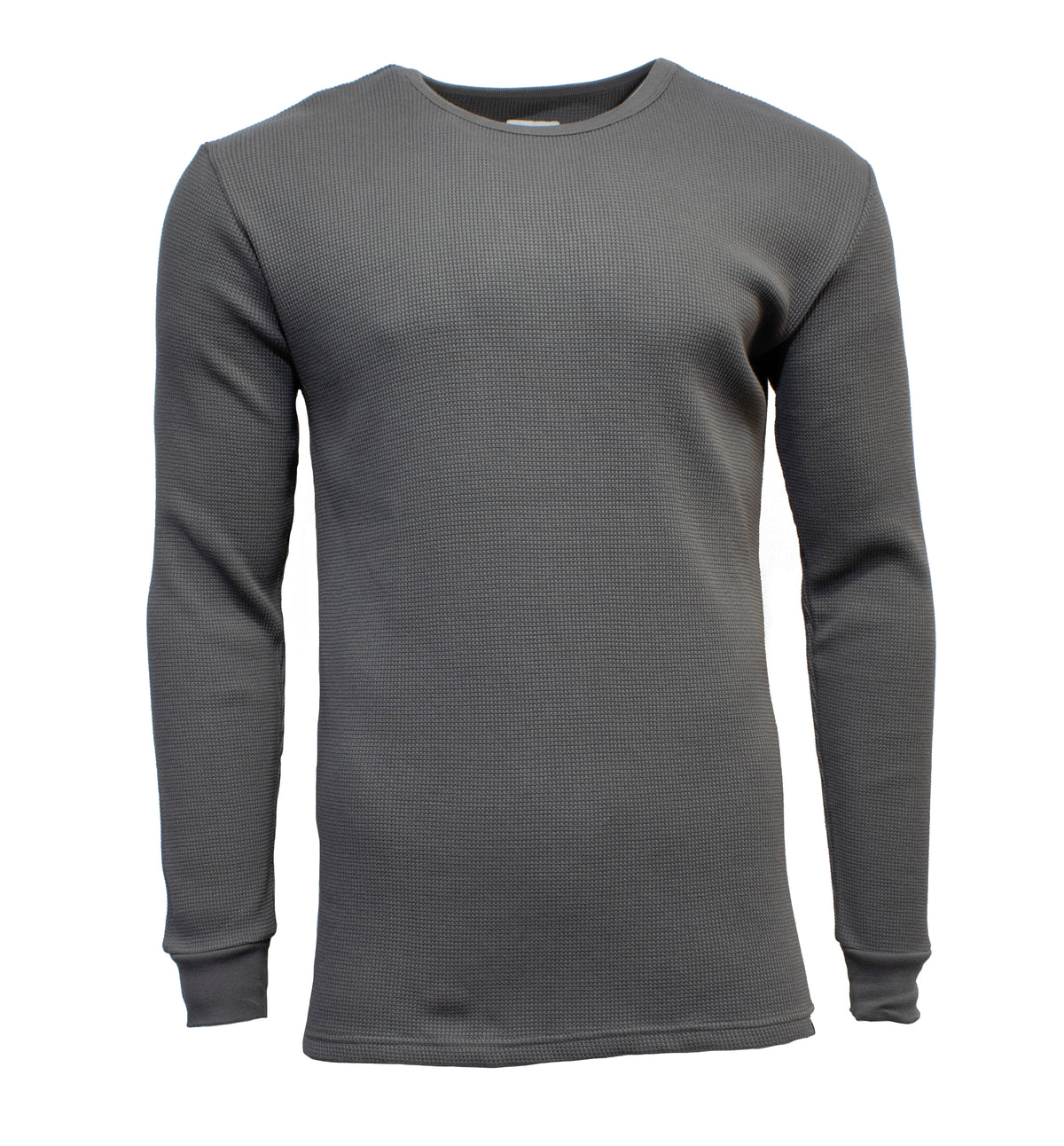 A grey, long-sleeve thermal shirt from The Academy Brand's Sycamore Crew, made of 100% cotton with a ribbed texture and crew neckline, is shown against a white background. This jumper features a minimalist design and neutral color for a classic, versatile look.