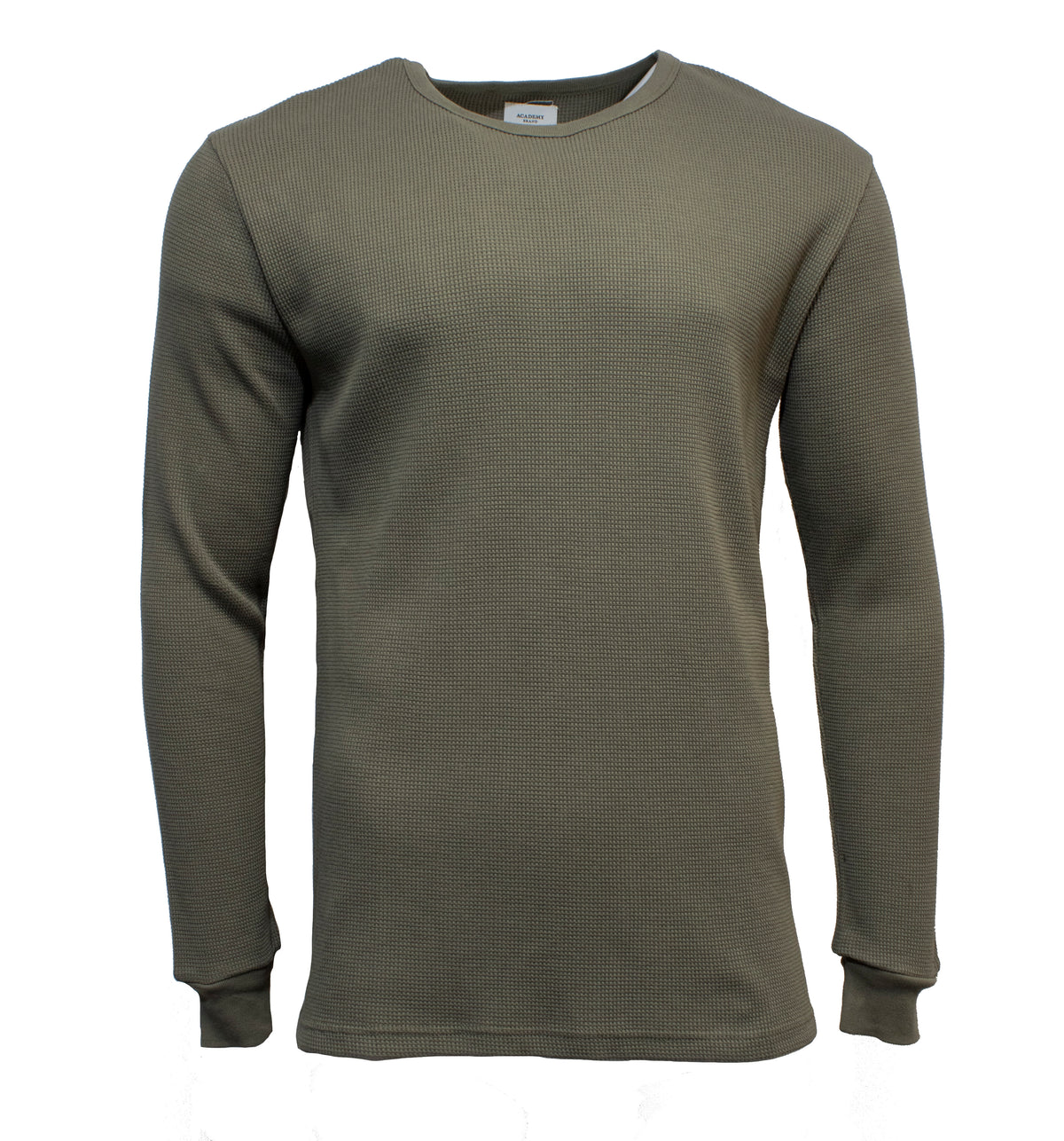 The Academy Brand Sycamore Crew is a plain, olive green long-sleeve thermal shirt with a relaxed fit and crew neckline. Made from 100% cotton in waffle-knit texture, it features no visible logos or patterns and is shown on a white background.