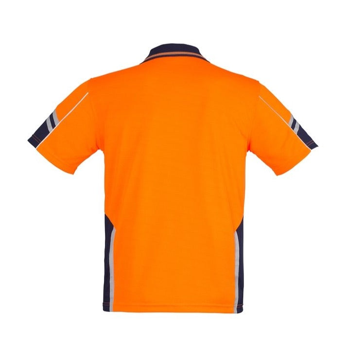 The Syzmik Hi Vis Squad Polo is a bright orange short-sleeve shirt featuring dark blue and white accents on the sleeves and sides. Made from 100% polyester, this polo is displayed from the back, revealing a solid orange body. The contrasting collar and accents provide both style and durability, ensuring comfort for the wearer.