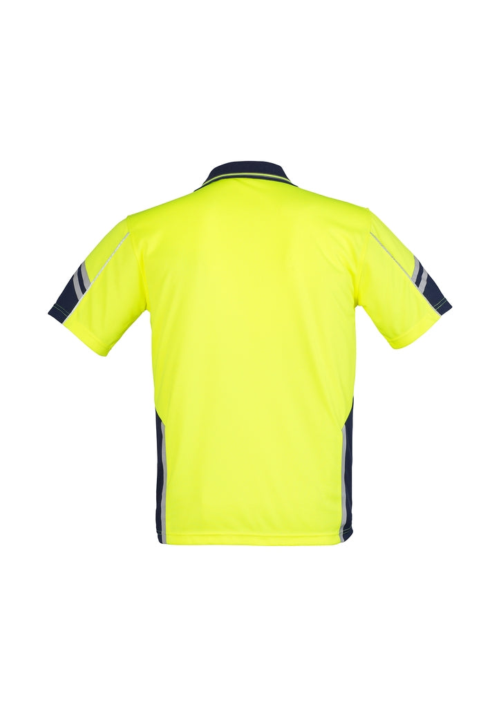 Back view of the Syzmik Hi Vis Squad Polo in yellow, featuring a black collar and black panels on the sides and underarms. Made from 100% polyester, this durable short-sleeve sports jersey boasts diagonal black and white stripes on the shoulders and sleeves, combining robustness with a stylish design.