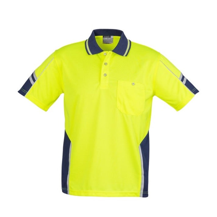 The Syzmik Hi Vis Squad Polo is a high-visibility yellow, hard-wearing polo shirt featuring a dark blue collar and shoulder accents, short sleeves with reflective strips, and a front chest pocket.