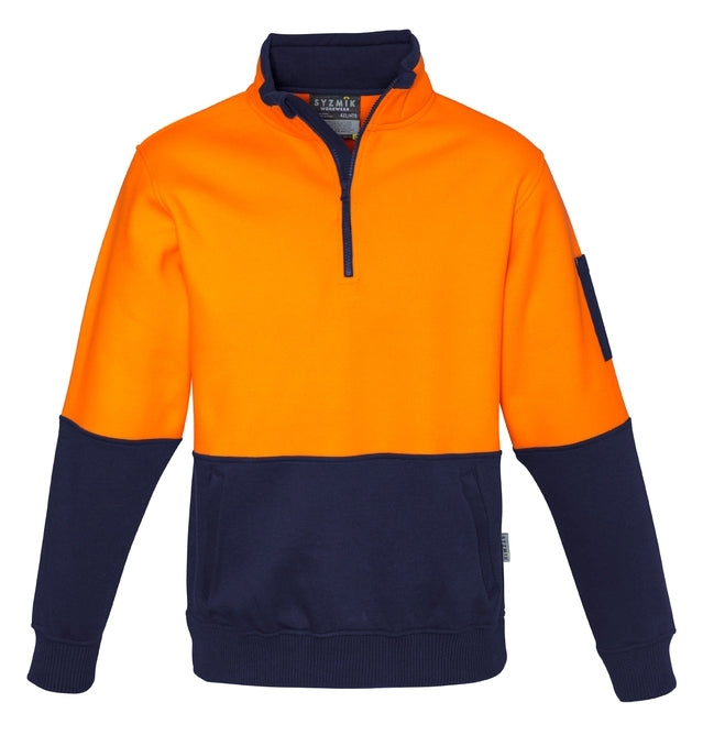 The Syzmik Hi Vis Half Zip Pullover is a high-visibility pullover sweater featuring a bold, bright orange top half and a navy blue bottom half. Made from a durable Polyester/Cotton blend, it includes a quarter-zip collar, spacious front pocket, and a small pocket on the left sleeve. Designed for safety and functionality in various work environments.