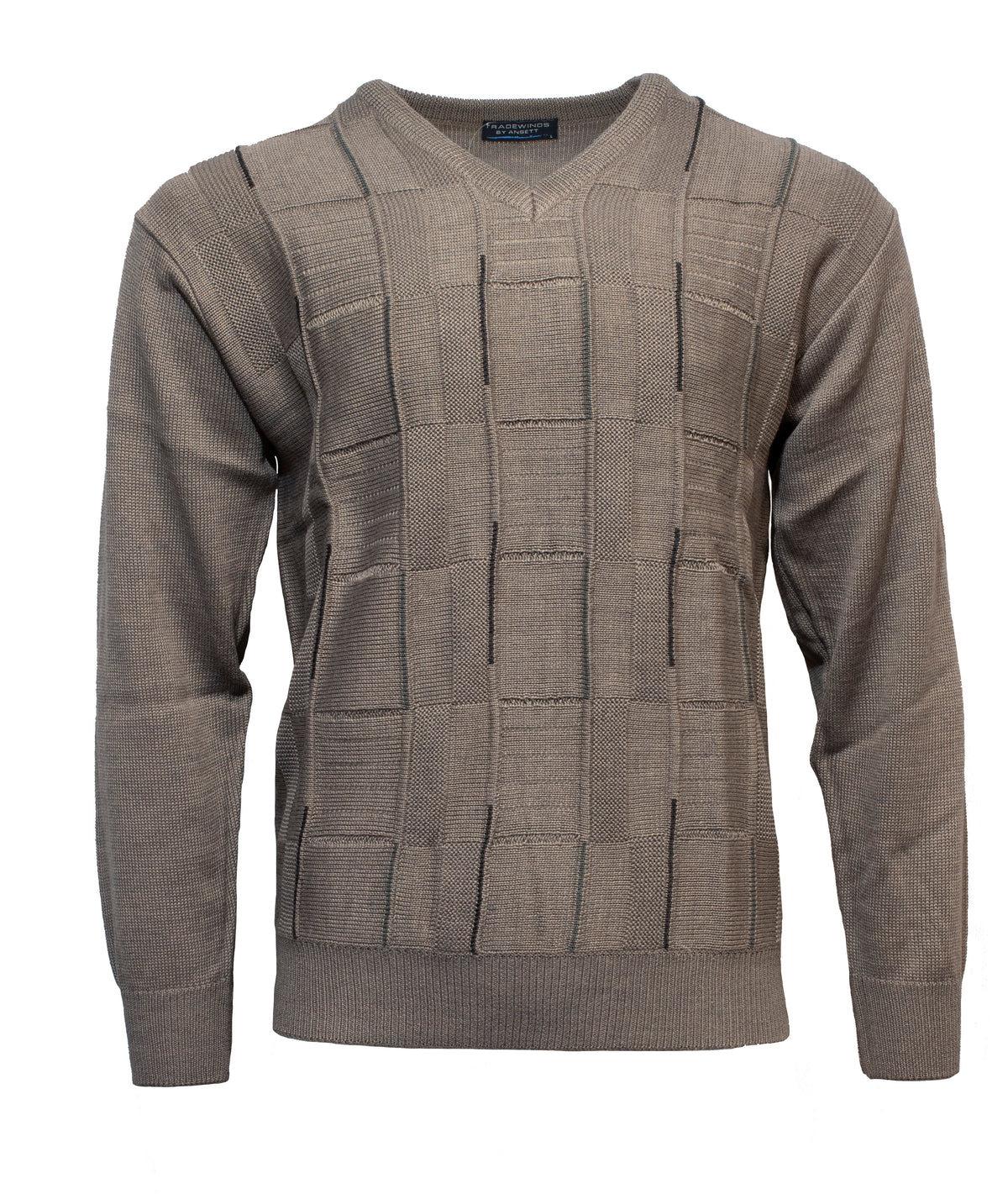 The Ansett Tradewinds Wool Blend Vee Knit is a beige, long-sleeve sweater with a V-neck, soft acrylic-wool blend, textured geometric square pattern, and ribbed cuffs and hem, shown on a white background.