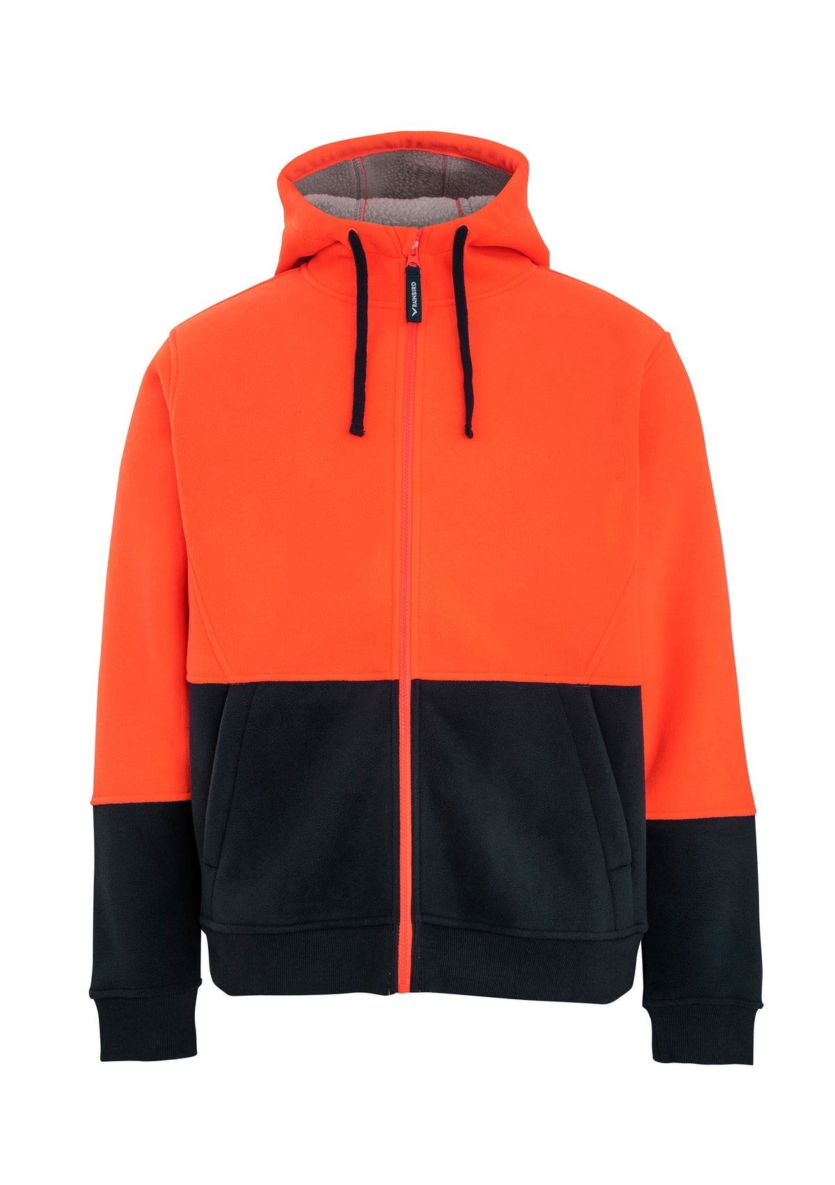 Introducing the Rainbird Taylor Sherpa Hoodie: a stylish and cozy two-tone hoodie with a front zipper. The top half, including the hood and sleeves, is bright orange, while the bottom half and sleeve cuffs are black. It features a drawstring hood, side pockets, and a warm sherpa inner lining for added comfort.