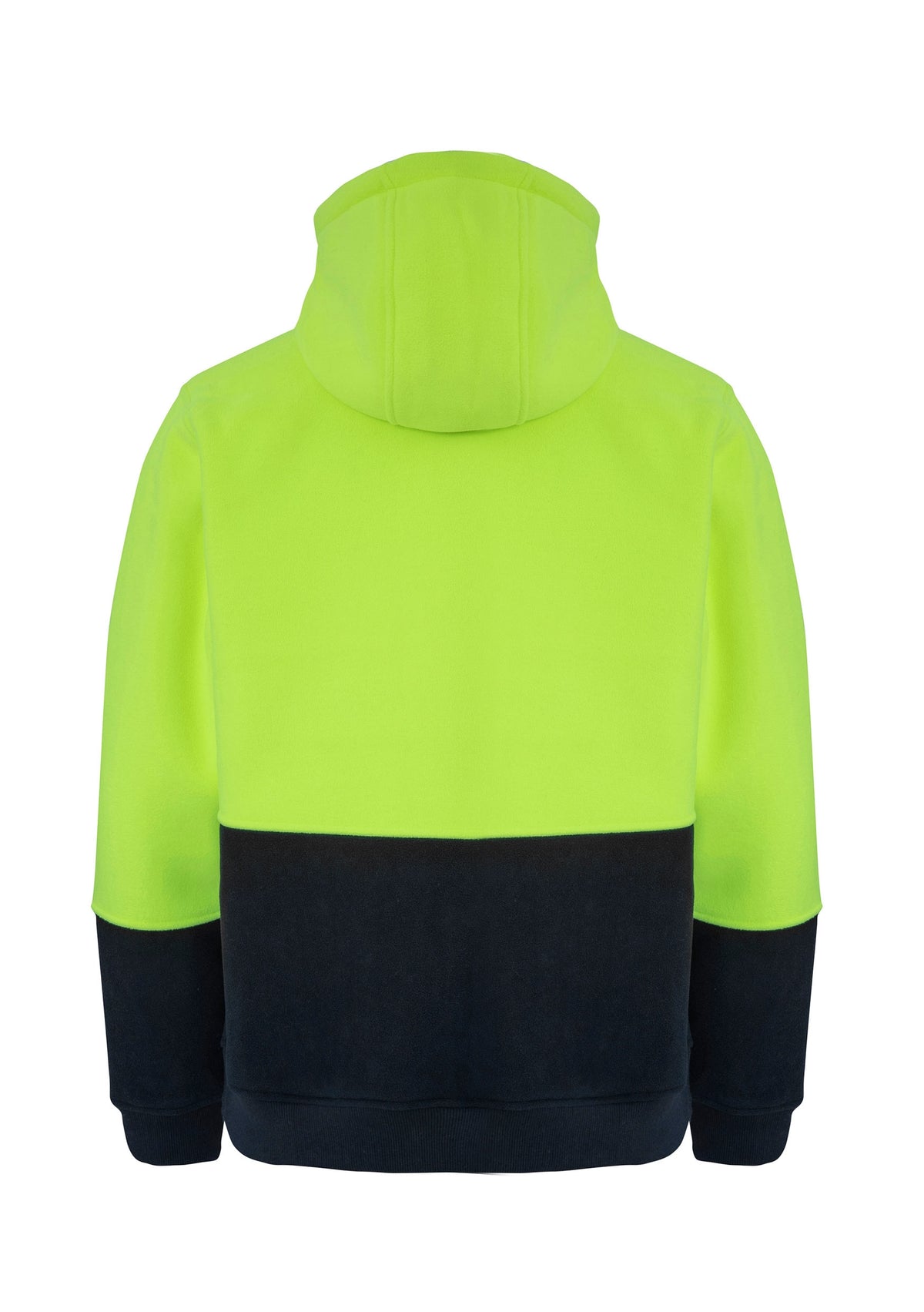 The Rainbird Taylor Sherpa Hoodie is displayed. The upper portion of this high-visibility hooded jacket is bright yellow, while the lower portion is black. The jacket is shown from the back, featuring a comfortable hoodie with UPF 50+ protection and long sleeves.
