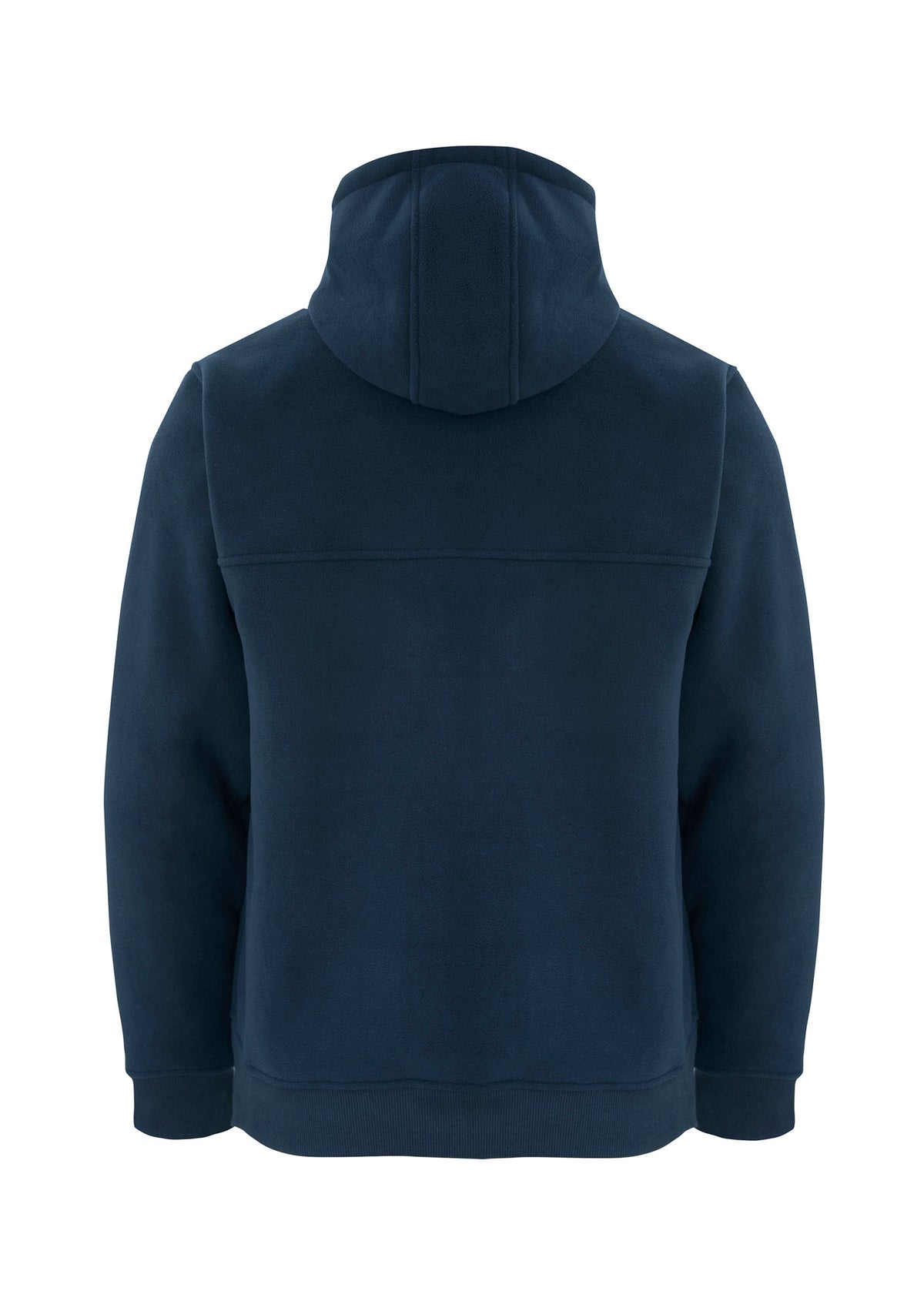 A view from the back of the Rainbird Taylor Sherpa Hoodie in dark blue, showcasing its hood up. The hoodie sports a minimalist and clean design with no visible logos or patterns, complemented by a straight hem at the waist and cuffed sleeves. Its sherpa inner lining provides additional warmth, making it ideal for chilly days, and it also offers UPF 50+ protection.
