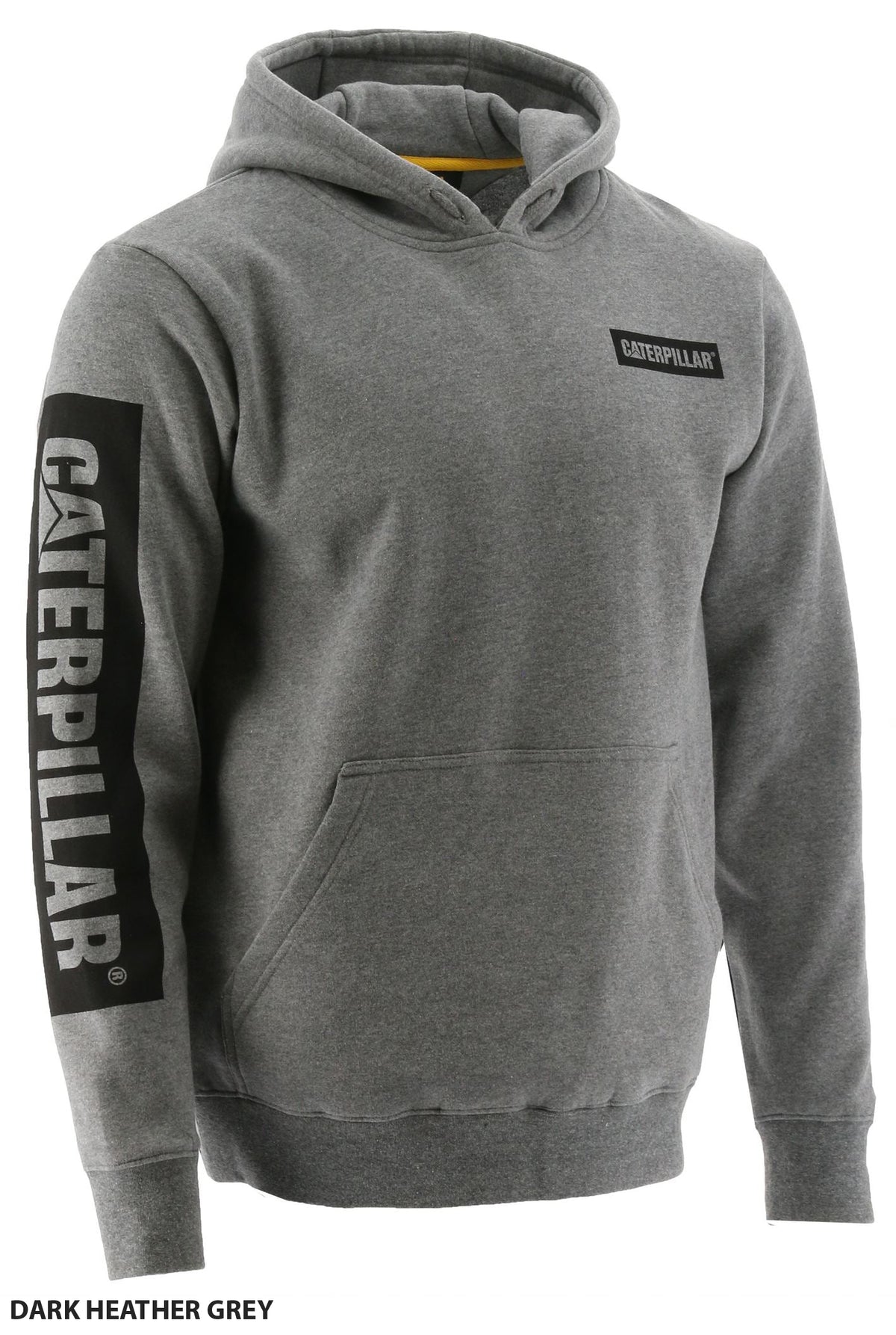Introducing the CAT Icon Block Hoodie—a dark heather grey hoodie featuring "Caterpillar" branding on the left chest and right sleeve. This comfortable hoodie comes equipped with a front kangaroo pocket, a drawstring hood, and integrated wire management for your headphones.