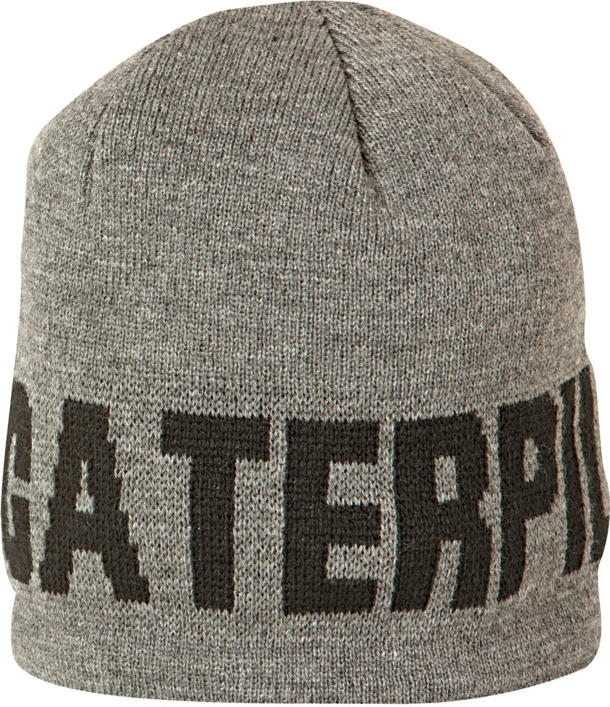 The CAT Branded Beanie is a gray knit cap featuring the word "CATERPILLAR" prominently knitted in black letters across the middle. This branded beanie boasts a simple, snug design and is made from thick, warm acrylic material.