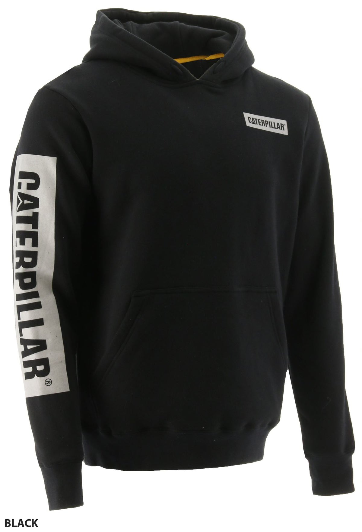 The CAT Icon Block Hoodie is a comfortable black hoodie featuring a hood, front kangaroo pocket, and ribbed cuffs and hem. The Caterpillar logo is displayed on the chest and the left sleeve in white lettering.