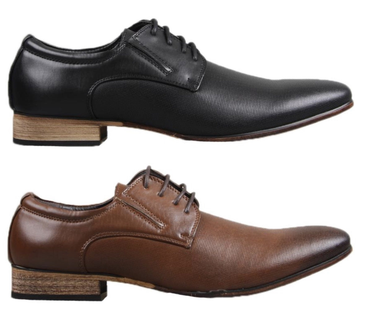 Two pairs of UNcut Charles Shoe are shown. The top pair is black with a leather-like finish and a wooden heel. The bottom pair, also in UK sizing, is brown with a similar design and wooden heel. Both shoes feature laces and a sleek, formal appearance.