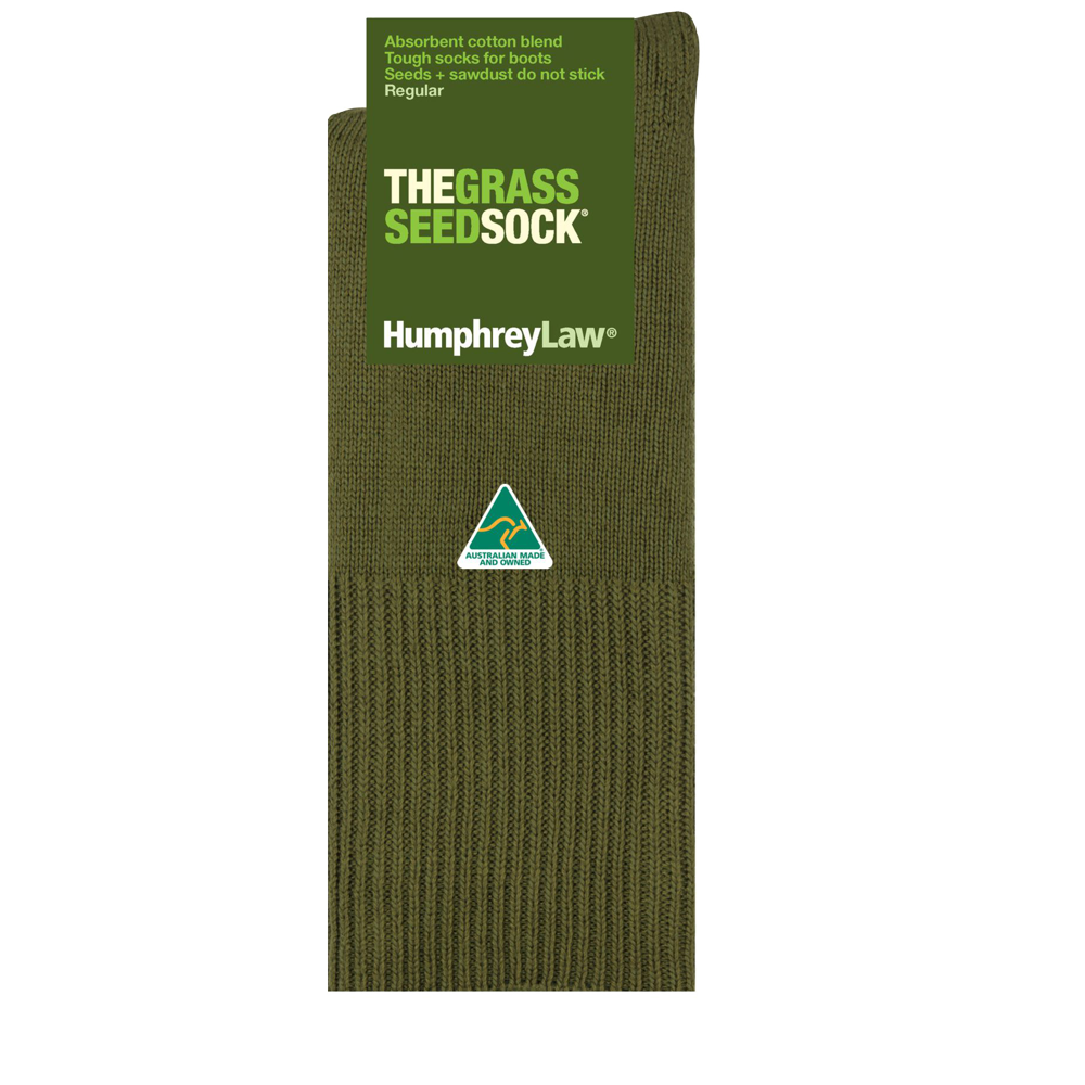 A single khaki-colored sock is displayed, labeled "Humphrey Law Grass Seed Sock - Short." Made in Australia, the packaging notes it is crafted from an absorbent cotton blend and designed as a durable boot sock that prevents seeds and sawdust from sticking.